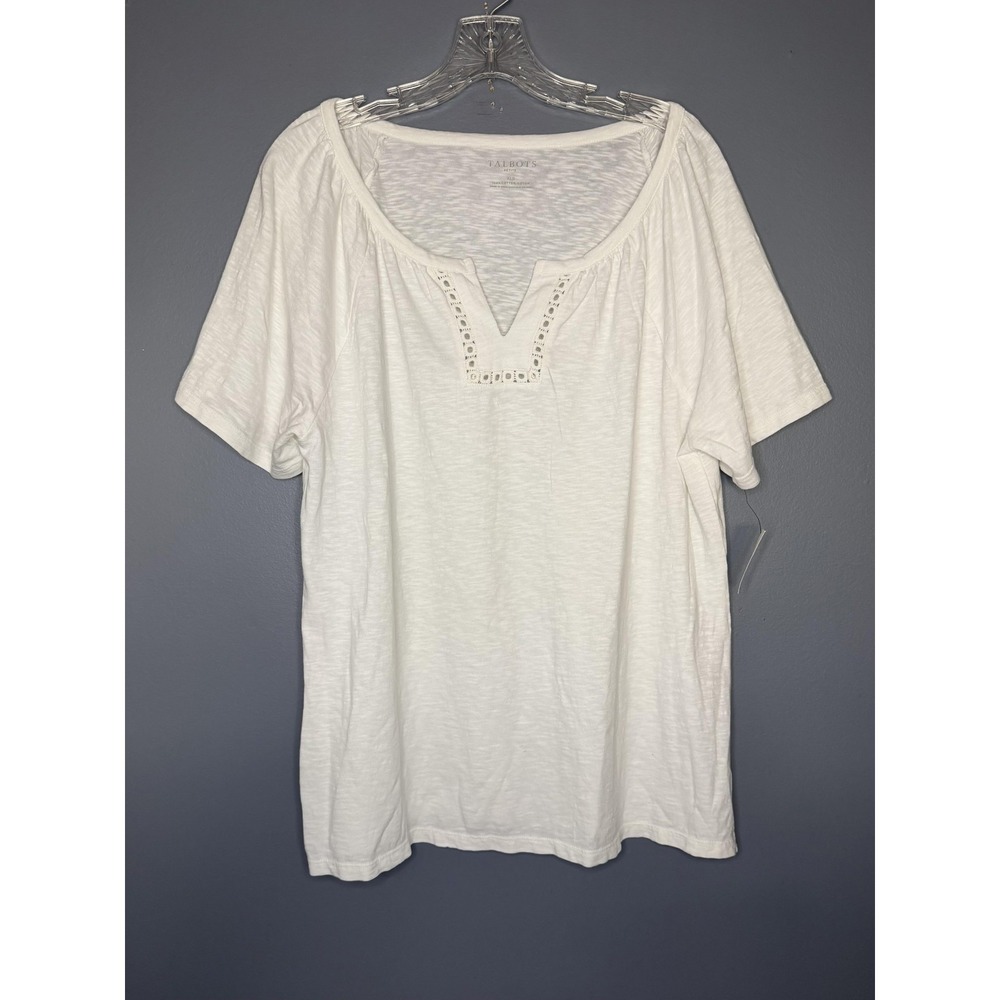 Talbots Shirt Womens Petite PXL White Crochet Scoop Neck Slub Cotton Tee Top NWT